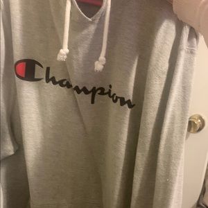 Champion Gray Hoodie with Black and Red Logo